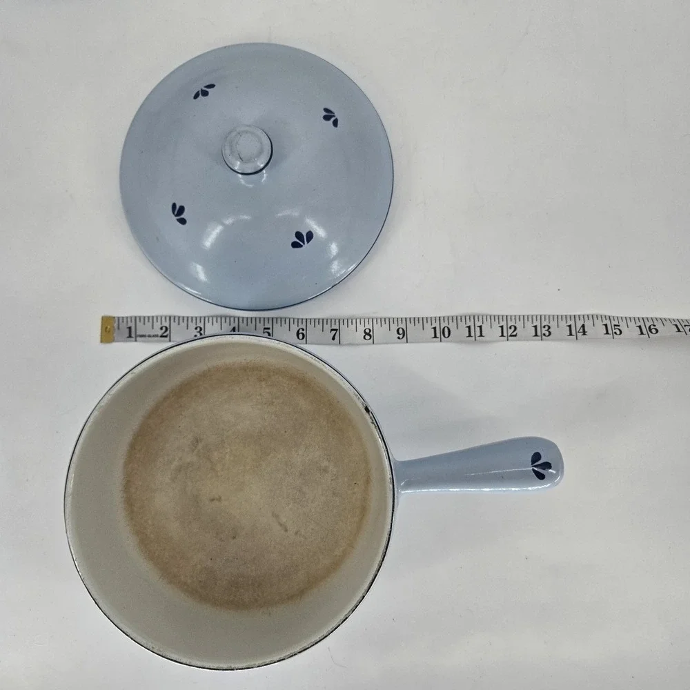 Vintage DRU Holland Blue Enamel Saucepan Set With Lids Tulip MCM Cookware 6
